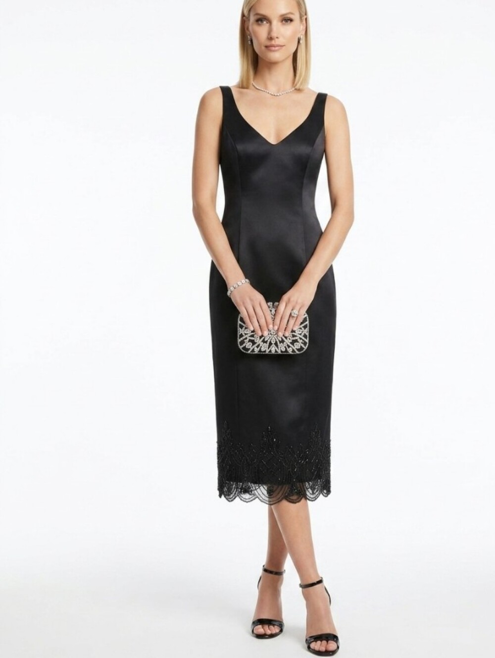 Rimini Black Beaded-Hem Midi Formal Cocktail Dress